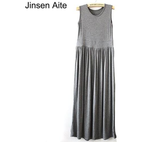 Jinsen Aite O-Neck Sleeveless Long Maxi Dress Casual Large Size Elegant Pleated Femininos Vestidos 2018 Summer Modal Dress JS134