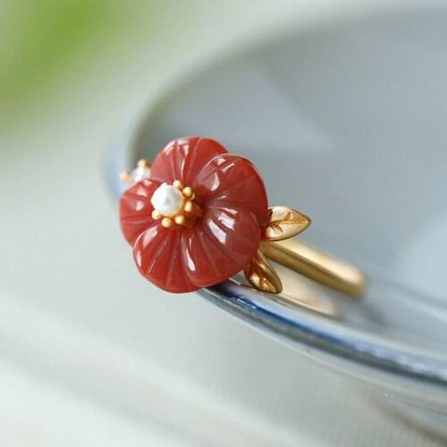 S925 Sterling Silver Inlaid Natural South Red Agate Plum Pearl Vintage Noble Temperament Open Womens Ring Ornament