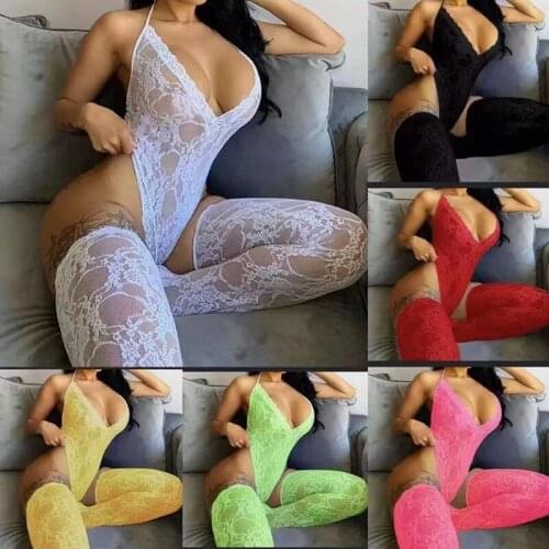 Womens Sexy Lace Bodysuit Sleeveless See-through Backless Deep V-neck Skinny Halter Jumpsuit With Socks Female New Style
