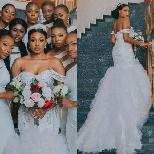 2020 Crystal Mermaid Wedding Dresses Plus Size Lace Beaded Off Shoulder Bridal Gowns with Ruffles Sweep Train Robes De Mariée