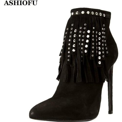 ASHIOFU New Handmade Ladies High Heel Boots Crystals Tassel Party Ankle Boots Pointed-toe Evening Dress Fashion Boots Shoes