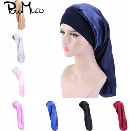 Powmuco Ladies Solid Color Satin Long Tail Hats Double Layer Hair Care Bonnet Waterproof Hat Double Layer Nightcap Birthday Gift