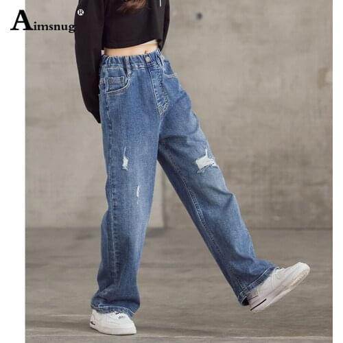 Children Straight Jeans Blue Demin Pants Streetwear 2021 Fashion Hole Ripped Demin Trouser Kids Girls Patchwork Jeans Pantalon