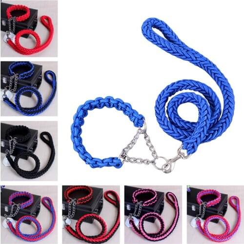 Double Strand Pet Dog Nylon Collar Leash Set Durable Pet Metal P Chain Collar Lead Traction Rope Walking Belt Collar Pet Supply