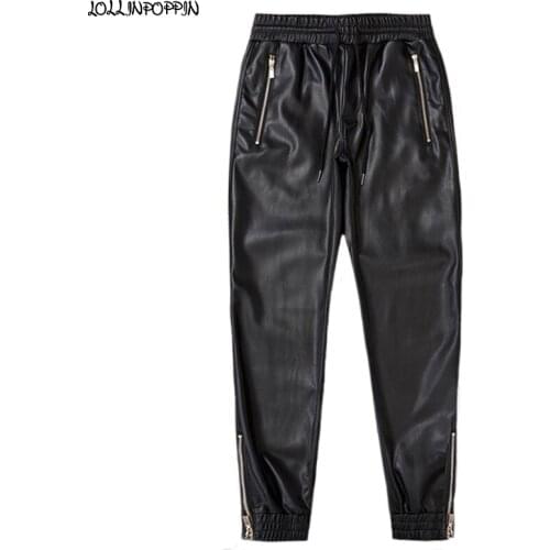 Men Joggers Faux Leather Black Jogger Pants Side Zipper Hip Hop Zippered Leg Opening Drawstring Waist Slim Fit PU Trousers