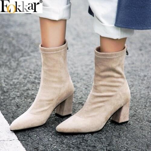 Eokkar 2021 Women Shoes High Heels Sexy Pointed Toe Black Ankle Boots Warm Thigh High Boots Hoof Heels Winter Shoes Big Size 44