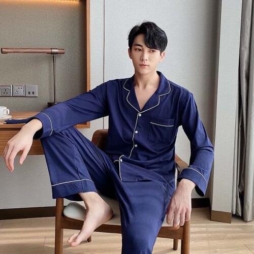 Long-sleeved Sleepwear Mens Bamboo Cotton Pajamas Set Male Home Clothes