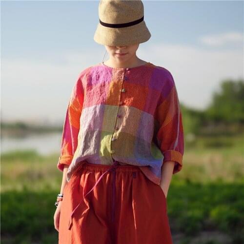 Pure Flax Yarn Dyed Colourful Lattice Round Neck Single Row Color Button Bat Sleeve Easy Shirt 190728