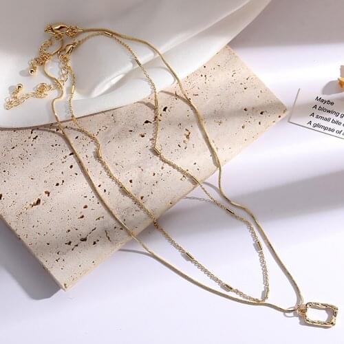 Fashion Double Layer Geometric Hollow Rectangle and Heart Pendant Necklaces Vintage Goth Statement Necklaces For Women Jewelry