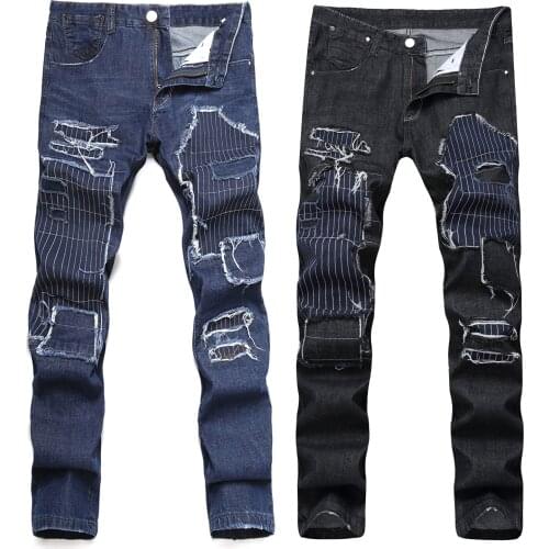 Men’s hole patched beggar jeans slimming straight casual jeans pants back-pocket valgus street fashion men jeans