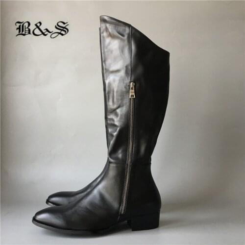 Black&Street Full real Leather pionted Toe Side Zipper knee high MEN knight king Boots wedge Chelsea motorcycles Botas