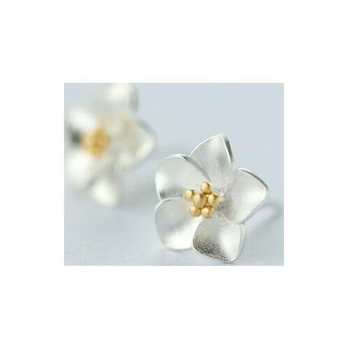 Real. 925 Sterling Silver Golden Cherry Blossom Flower Stud earrings jewellry GTLE377