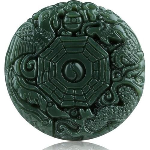Charming handmade carving Natural Green Hetian Jades Pendant 3D Carved Round BaGua With Dragon Phoenix Pendants Women Mens