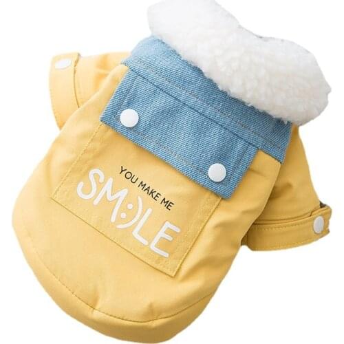 Pet Puppy Dog Clothes Autumn and Winter New Plus Velvet Warmth Cat Teddy Small Dog Denim Stitching Cotton Coat Pet Clothing