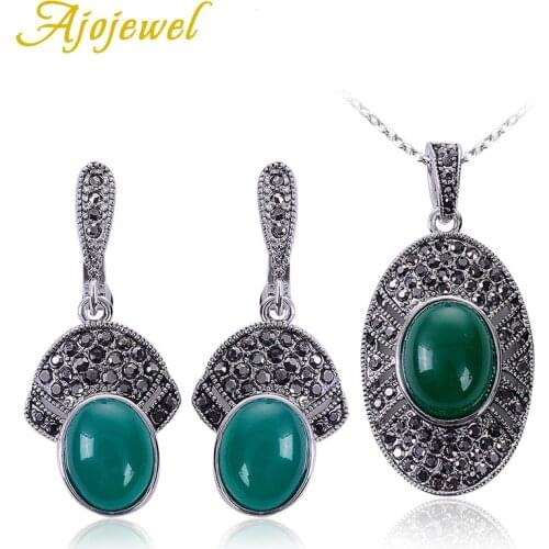 Ajojewel Black And Green Jewelry Sets For Women Designer CZ Resin Stone Earrings Necklace Set