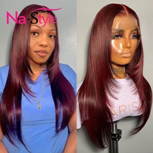 Peruvian Straight Hair Burgundy Lace Front Wig Human Hair Wigs 99J Red Burgundy Pre-Plucked 130% Remy Human Hair Deep Part Wigs