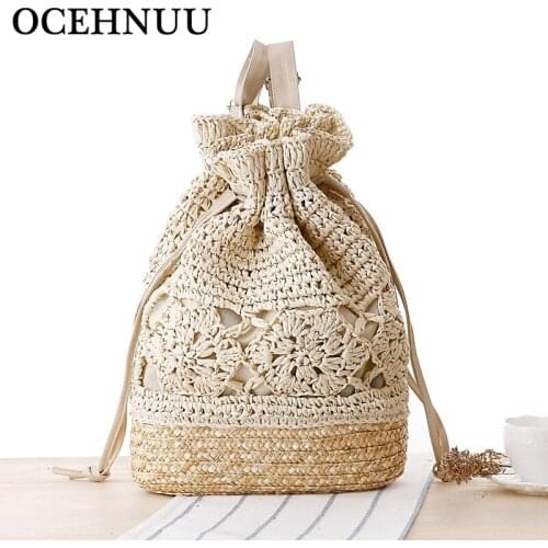 OCEHNUU Vacation Women Backpack Summer Straw Beach Bag Handmade Knitting Backpacks For Girls Drawstring Ladies Back Pack Bags
