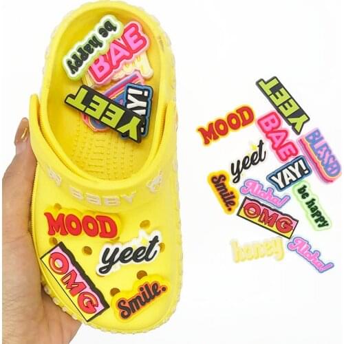 10PCS PVC Shoes Charms Fits For Croc Clog Shoes Wristband Bracelet English Phrase OMG Clog Charms Nice Party Gifts