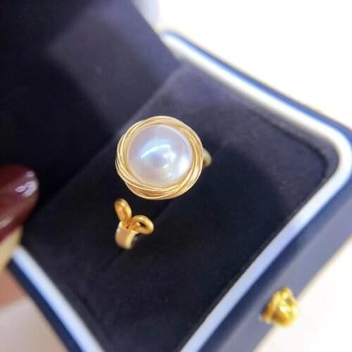 Popular female handmade open adjustable size gold ring with single natural white genuine pearl beads high quality jewelry