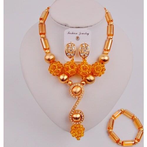 Latest Champagne Gold African Jewelry Set Crystal Necklace Nigerian Wedding Beads ZAQ6-03