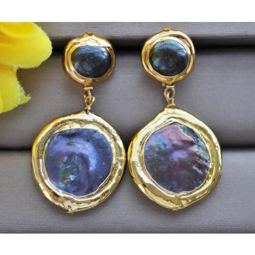 Z11104 24mm Black Coin Pearl Gold plated Dangle Earring