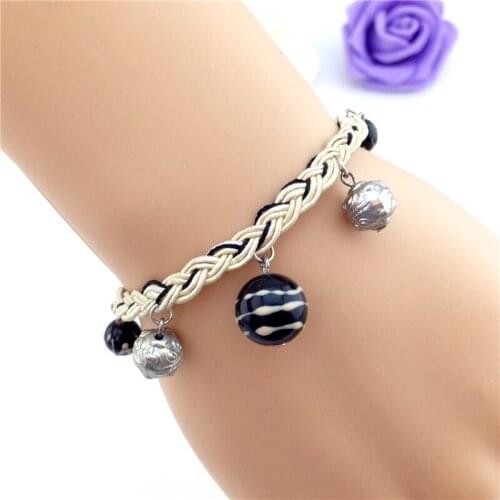 Christmas Bohemia Ethnic ANKUN Black and Beige Charm Beads Handmade Rope Weave Bracelets for Women