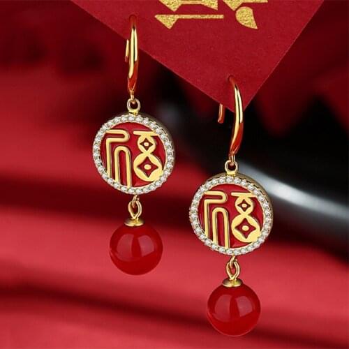 Ethnic Style Red Festive Ear Hook Dripping Oil Gem Blessing Earrings Pearl Simple And Elegant Sweet Ear Jewelry Female