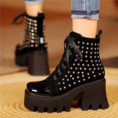 Punk Goth Creeper Shoes Women Spike Studded Cow Leather Platform Ankle Boots Round Toe High Heels Pumps 34 35 36 37 38 39