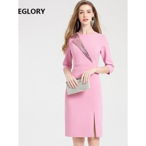 XXL Dress Vestidos 2020 Autumn Party Cocktail Women Sequined Ruffle Deco 3/4 Sleeve Split Sexy Bodycon Dress Black Red Pink