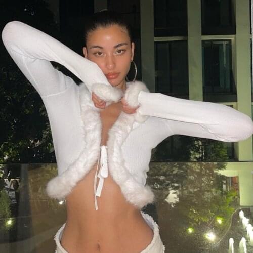 Winter Sexy Cardigan Crop Top Fluffy Open Stitch Bandage V-neck Slim Cropped Sweater 2021 Fall Missnight