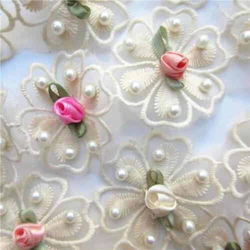 100pcs Pearl Cotton Colorful Rose Flower Lace Trim Ribbon Tape Embroidered Fabric Sewing Craft For Wedding Dress Costume Decor