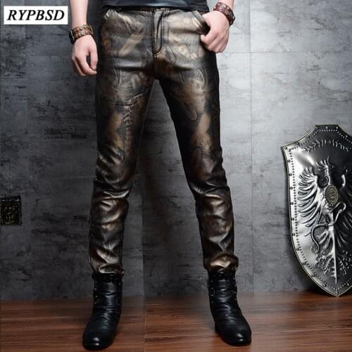 2 Colors Fashion Faux Leather Pants for Men Slim Skinny PU Leather Pants Men High Quality Zipper Faux Leather Pencil Pants