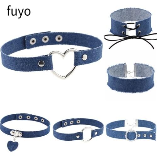 2021 Blue Denim Heart Pendant Choker Necklaces For Women Jeans Chokers Collar Collier Bijoux Femme DIY Jewelry Material