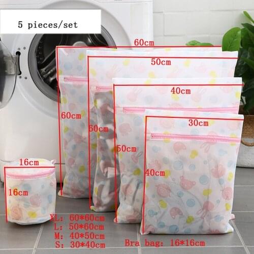 5 Pcs/Set Laundry Bag Bra Clothes Washing Bag Cartoon Printed Polyester Laundry Bags With Zipper Clothes Net Bag Storage Bag