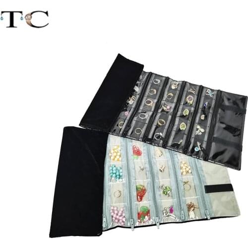 Travel Jewelry Organizer Roll Foldable Jewelry Case Earrings Necklace Ring Organizer Soft Velvet Zipper Roll Up Bag