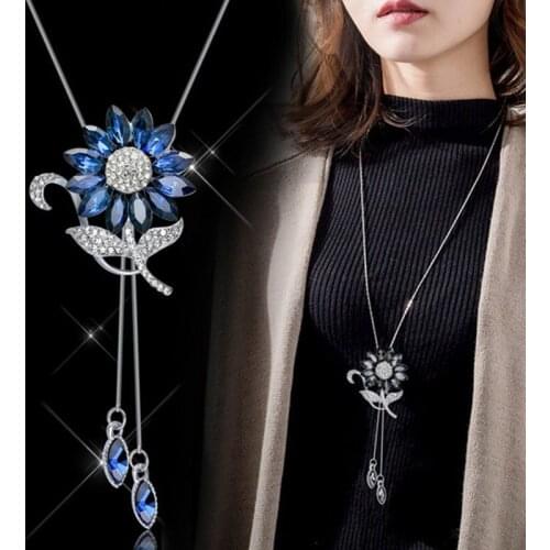 Long Chain Crystal Sweater Pendant Necklace For Women Fashion Blue White Rhinestone Sunflower Necklaces Jewelry Girl 2021