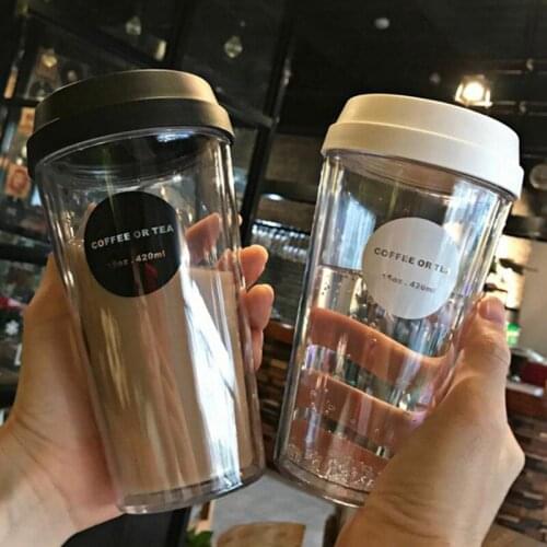 Double-layer coffee cup plastic cup, high temperature and drop resistant portable cup, transparent milk cup with lid