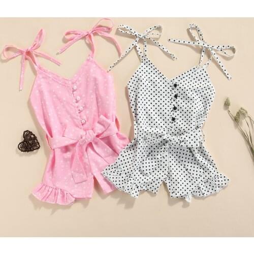 FOCUSNORM 1-5Y Summer Toddler Girls Lovely Jumpsuits Sleeveless Belt Single Breasted Polka Dot Printed Rompers