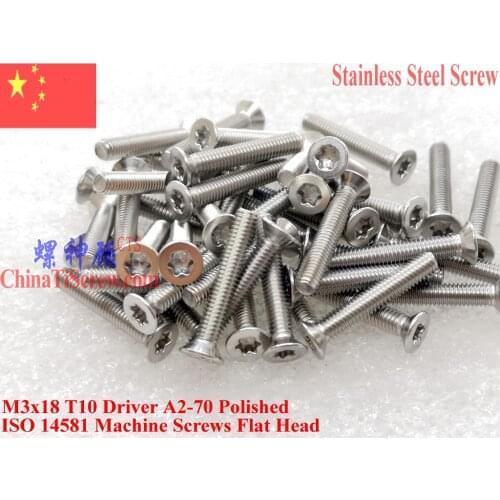 ISO 14581 Stainless Steel screws M3x18 Torx T10 Driver Flat Head A2-70 Polished ROHS 100 pcs