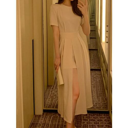 Shirt Dress Female Summer High Slit Belt Base Solid Color Waist Drop Feeling Commuter Casual Gown Apricot and Black Vestidos