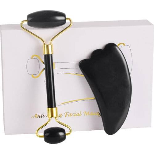 2 in1 With Gift Box Slimming Face Massager Tool Natural Black Obisidan Facial Massage Roller GuaSha Skin Massage Beauty Care Set