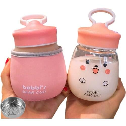 Mini Glass Water Bottle Cartoon Small Animal Glass Cup With Tea Strainer Leak-proof Drinking Bottle Portable 300ml Water Bottle