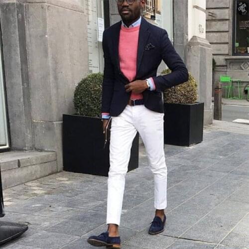 ANNIEBRITNEY Black 2 Piece Slim Fit Men Suit With White Pants Groom Wedding Tuxedo 2 Piece Prom Wedding Business Men Suit Set