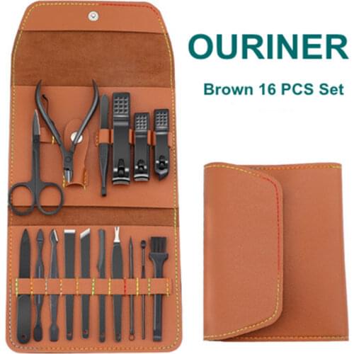12-16PCS Brown Nail Cutter Set Stainless Steel Nail Clippers With Folding Bag Manicure Cutter Kits Scissors Makeup Beauty Tool