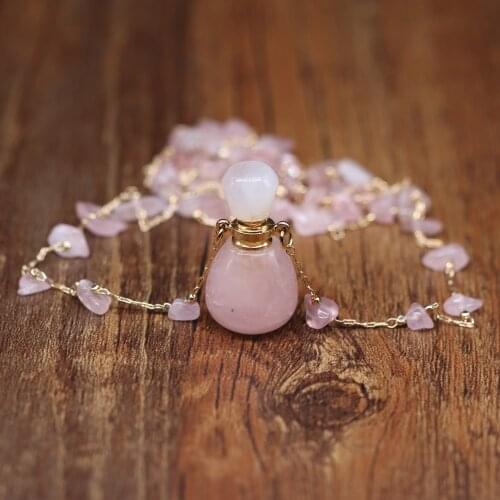 Natural Stone Perfume Bottle Necklace Essential Oil Diffuser Penants Rose Quartzs Charms for Women Gift Chain Length 60 +5 CM