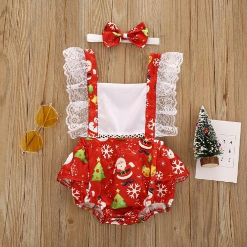Pudcoco Newborn Baby Girl Clothes Christmas Outfits Cute Square Collar Christmas Print Lace Ruffle Romper Bow Headband 2Pcs Set