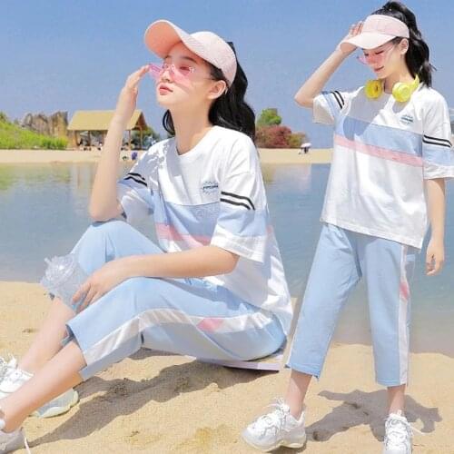 Teenage Girls Clothing Kids Summer Two Piece Sets Short Sleeve T shirts +Loose Pants Toddler Big Girls Clothes 6 8 10 12 14Years