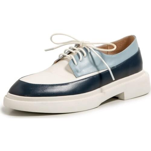 Osunlina 2021 New Spring Woman Flats Platform Round Toe Lace Up Square Heels Mixed Colors Real Cow Leather Casual Academy Shoes