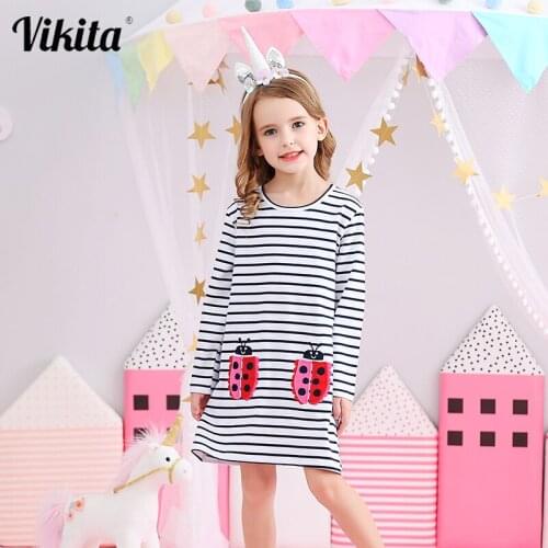 VIKITA Girls Cartoon Dresses Long Sleeve Baby Girls Striped Clothes Vestido Unicornio Infantil Toddlers Autumn Unicorn Clothing