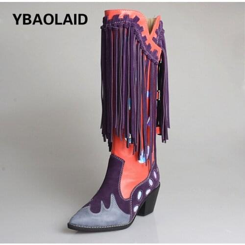 Top Layer Cowhide Knee-length Boots with Thick Heel and Color Matching Fringed High Boots Pointed Toe Handsome Knight Boots